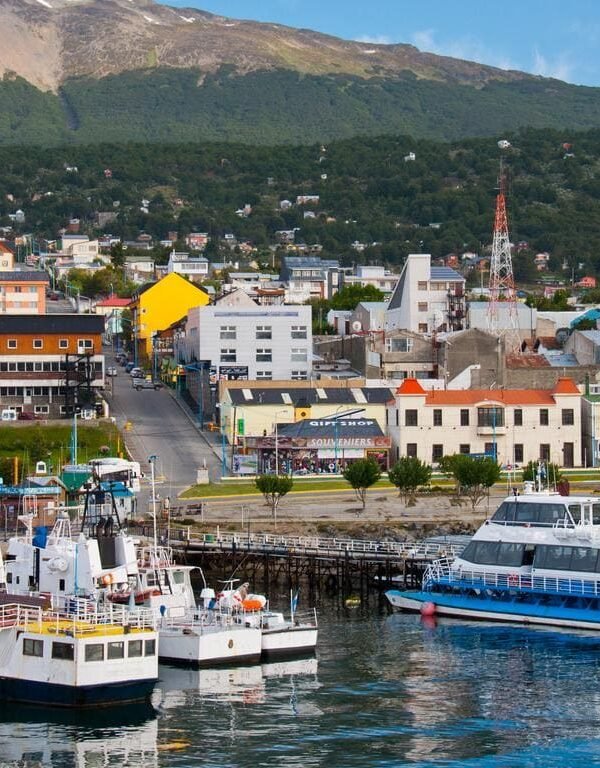 Vista panorámica del puerto de catamaranes de Ushuaia, Argentina, con la ciudad y las montañas al fondo